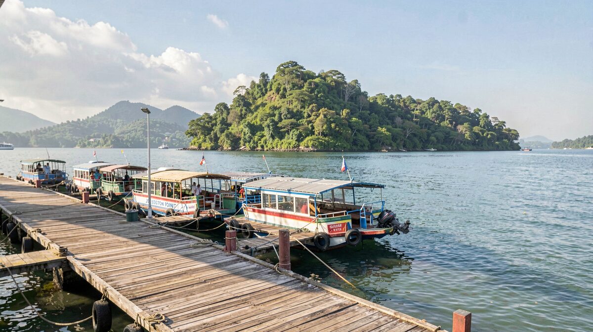 The Jesselton Point ferry terminal in Kota Kinabalu on a bright morning, ticket hall archway, boats waiting along the jetty, Gaya Island green across the water.