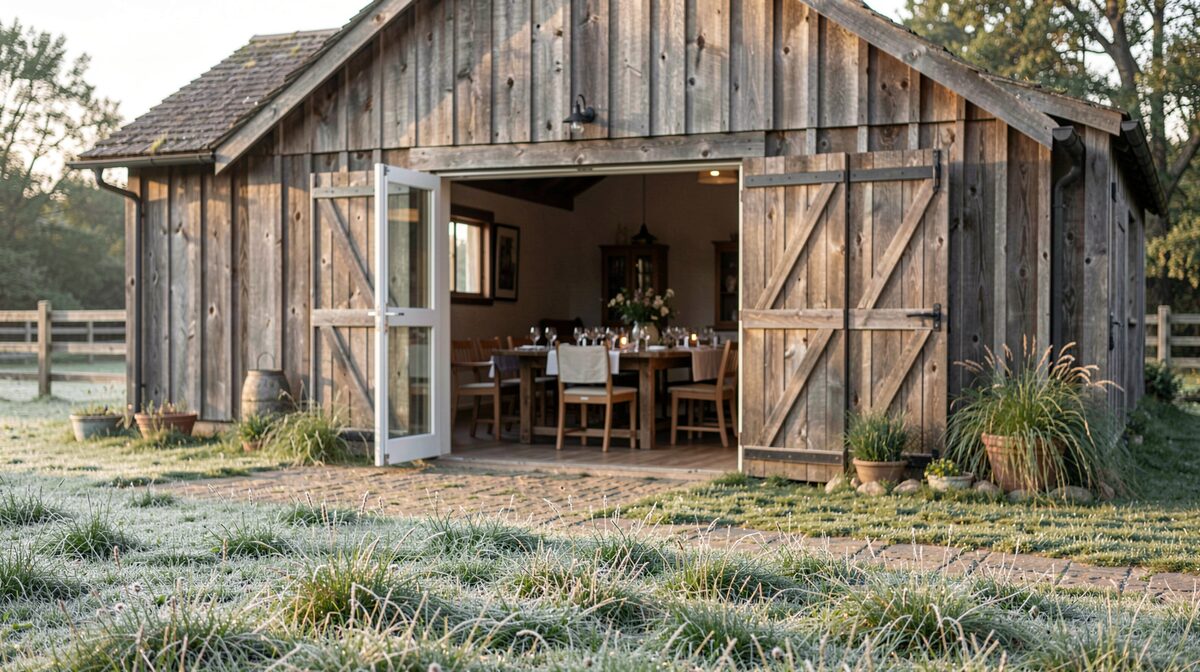 A converted timber barn at a farm stay in early morning light, dew on the grass in the foreground, open doors showing a long table set inside, shot from the edge of the yard.