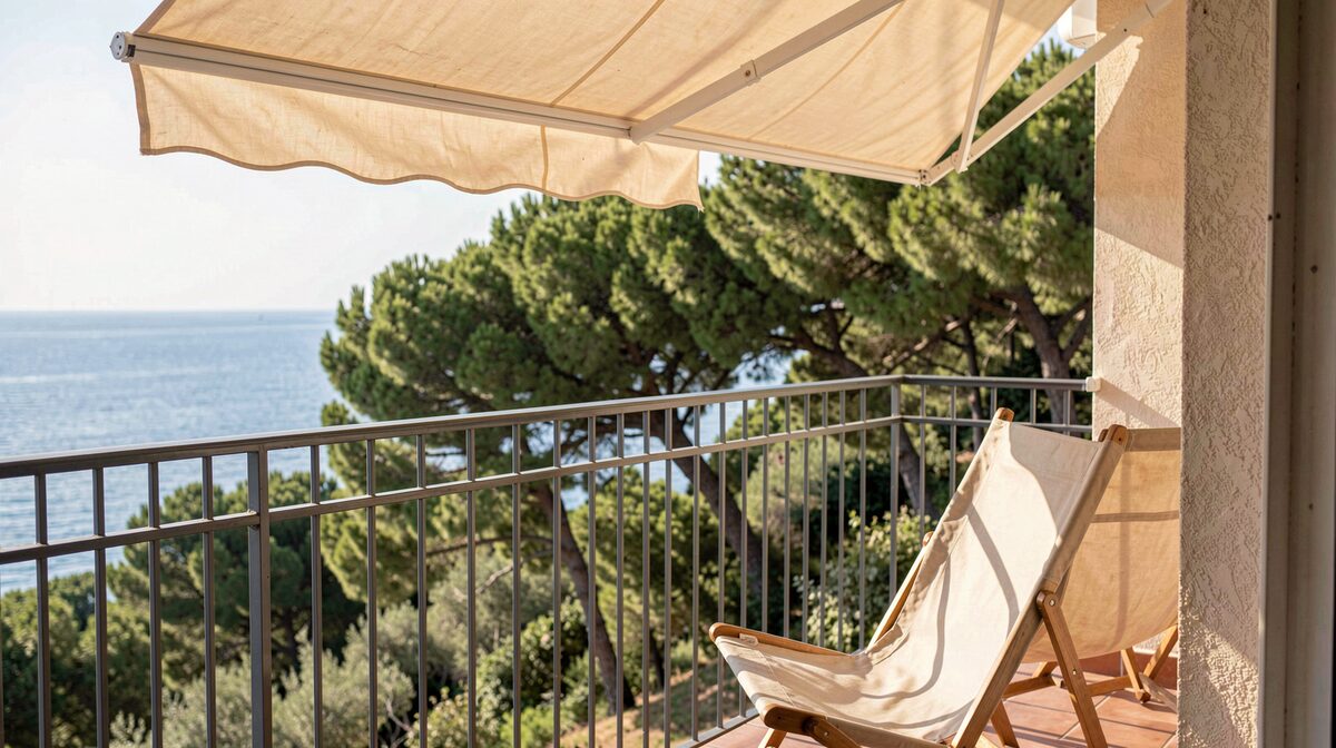 A small hotel balcony on the Var coast at mid-morning, a metal rail and two canvas chairs, the Mediterranean visible as a narrow blue band beyond a line of pines, hard sunlight from the left and a light breeze moving the awning.